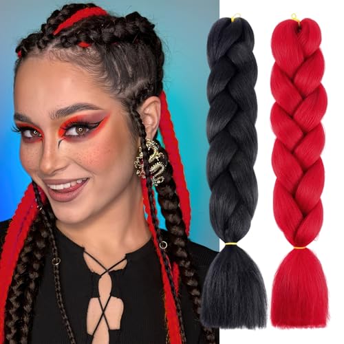 Colored Jumbo Braiding Hair Extensions Red Black Pre stretched High Temperature Synthetic Fiber Hair 24 Inch Twist Crochet Braids for Women Halloween Makeup Carnival Cosplay Party