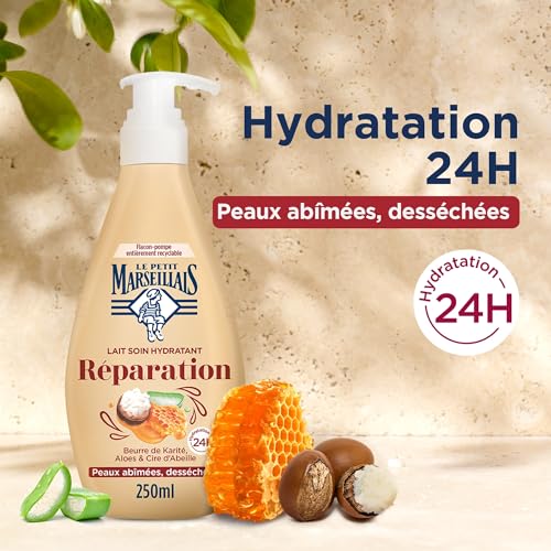 Le Petit Marseillais - Lait Soin Hydratant Réparation (Flacon-Pompe de 250 Ml) – Lait Corps pour Peaux Abîmées et Desséchées Hydratation 24H – Lait Corporel au Beurre de Karité,Aloes et Cire d'Abeille – Image 3