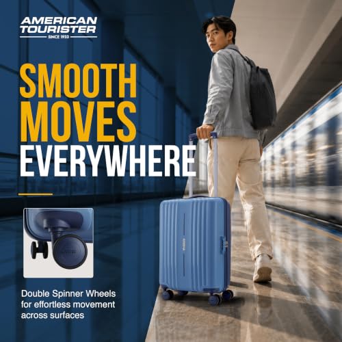 Image of American Tourister Cleva S | Cabin Trolley Bag (55 cm) | 360 8 Wheel Travel Luggage | 2 Compartments | Hard Luggage Polypropylene Suitcase | Mounted TSA Lock | 3 Years Warranty | Blue & Navy Blue