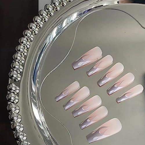 Uñas postizas presionadas French Tip largas con diseños grises, uñas falsas con pegamento, uñas acrílicas blancas en forma de ataúd, uñas neutras nude, puntas de llama, accesorios de manicura para mujeres y niñas, 24 piezas miniatura 2