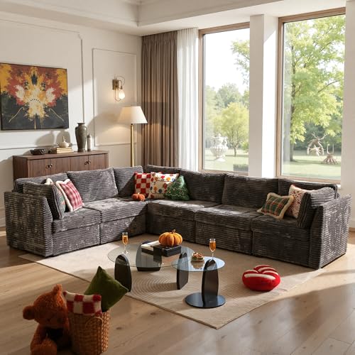 Image of ovios Modular Sectional Sofa Couch with V-Shape Chaise Convertible, Comfy Plush Corduroy Cloud Couches, Modern Luxury Deep Seat Sofas Set for Living Room, 6-Seater, Grey