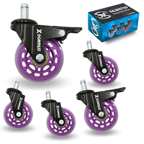 XDominuz Silentio - Ruedas para Silla de Oficina de Goma - Ruedas Silla Gaming Ultra-Silenciosas con Freno, Set de 5, Perno 11mm, 360° Rotativas, Apto para Parquet y Alfombras - Violeta XDominuz Silentio - Ruedas para Silla de Oficina de Goma - Ruedas Silla Gaming Ultra-Silenciosas con Freno, Set de 5, Perno 11mm, 360° Rotativas, Apto para Parquet y Alfombras - Violeta