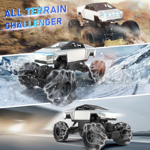 NQD RC Truck, 1:14 Scale Big Cybertruck Model Remote Control Truck, 4WD Off Road Toy Rock Crawler RC Car with Alloy Shell Dual Motors LED Headlight, 2.4GHz All Terrain Toy Car for Boy Kids Adults - Thumbnail 7