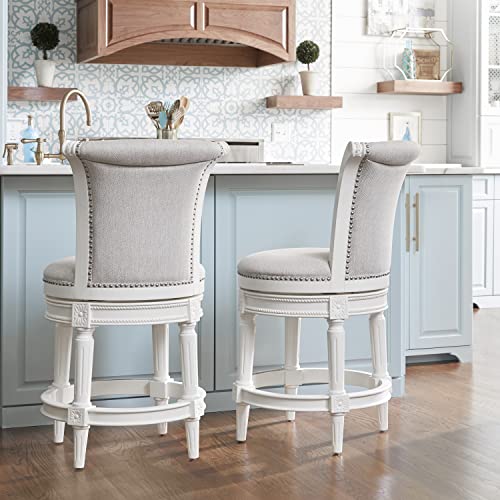 New Ridge Home Goods Chapman 25In. Counter-Height Wood Barstool With Gray Upholstered Swivel Seat And Back, Alabaster White Frame #TOP3