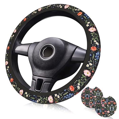 Wildflower Car Steering Wheel Cover - Multicolor Wildflower Steering Wheel Cover Anti-Slip Breathable Universal for 15 Inch Car 2 Pieces Coasters Suitable for Men Women