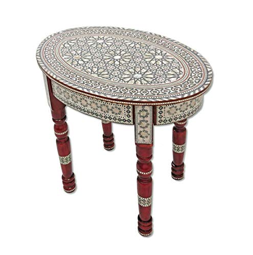 W40R Moroccan Handmade Mother Of Pearl Inlaid Coffee Side End Oval Brown Table #TOP19