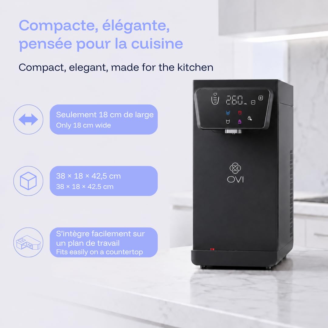 OVI II Distributeur d’Eau Chaude, Froide & Tempérée Instantané | Fontaine à Eau Filtrée 4 Étapes Anti-Bactéries & PFAS | Connexion Directe | Idéal Famille & Bébé | Noir