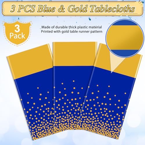 Image of 3Pcs Blue and Gold Tablecloth Party Decorations,Plastic Royal Blue Table Cloth Printed Gold Tables Runner Disposable Rectangle Table Cover for Birthday Anniversary Wedding Graduation Party,54 x108Inch