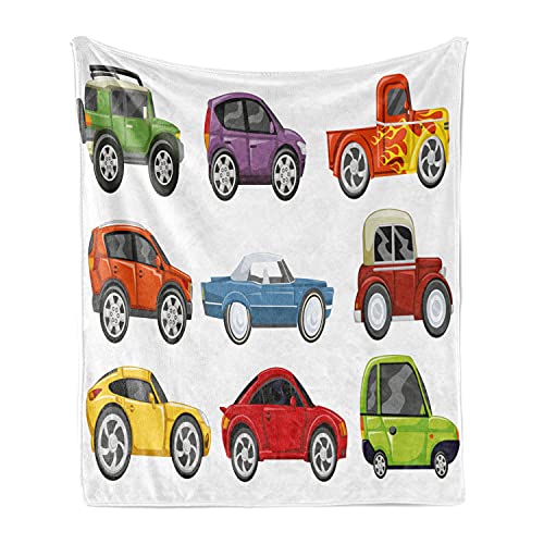Lunarable Cartoon Throw Blanket, Race Cars Monster Truck Classics Urban Speed Automobiles Transportation Print, Flannel Fleece Accent Piece Soft Couch Cover for Adults, 50