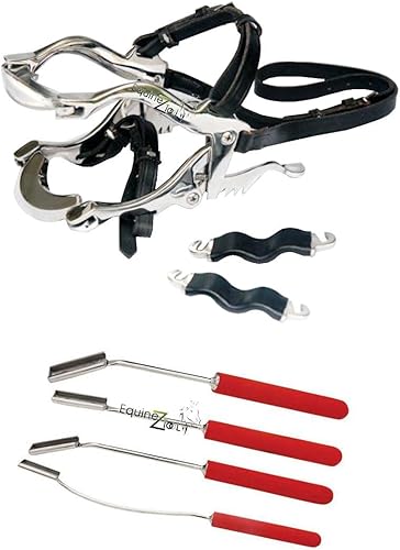 Equine Dental Speculum - Juego de 4 correas de cuero McPherson de acero inoxidable con cuchillas