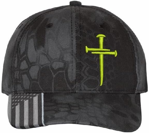 Christian Cross Baseball Cap, Religious Sacred Nails Design, Typhoon CAMO HAT with Lime Green Embroidered Design and Free 4" Window Decal.
