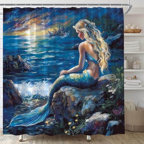 Fantasy Mermaid Shower Curtain Vintage Oil Painting Art 72 x 72 Inch