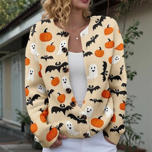 Halloween Sweaters for Women Spooky Ghost with Pumpkin Graphic Cardigan Casual Fall Long Sleeve Button Knit Sweater2