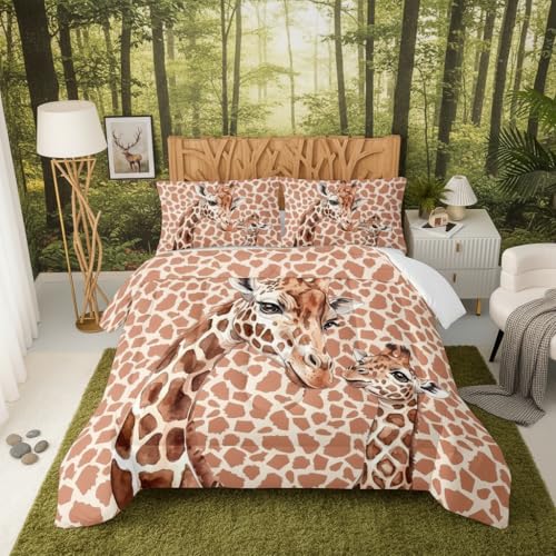 Image of QOOMO Cartoon Giraffe Comforter for Girls Boys Watercolor Duvet Set Yellow Animal Bedding Set Twin Size with 2 Pillow Shams Lightweight Microfiber for All Seasons