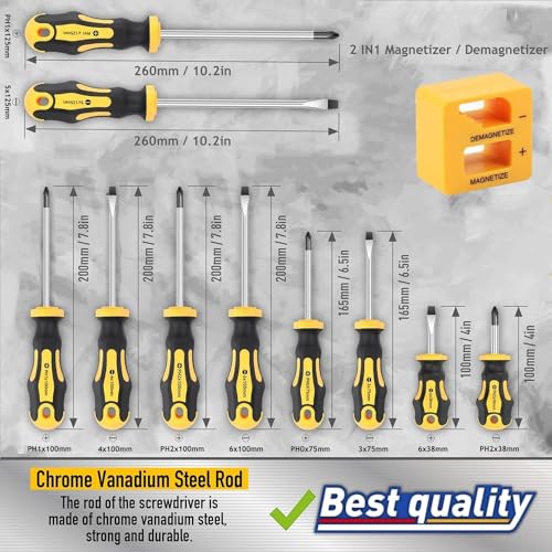 KAHEIGN 11Pcs Magnetic Screwdriver Set, 5 Size Heavy Duty Chrome Vanadium Steel Screwdriver 5 Flat & 5 Cross Head Screwdriver with Non-Slip Grip for Repair Home Improvement Craft - with Tool Box - Image 4
