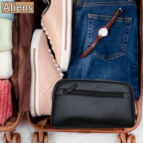 Image of Aliens Multipurpose Travel Organizer Vegan Leather Pouch for Men and Women, Hanging Dopp Kit, Water-Repellent Bag for Toiletry, Shaving Kit, Cosmetics & Makeup, Jewellery, Gadget, Accessories-Black