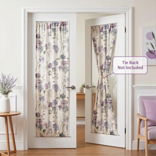 Image of MYSKY HOME Floral Linen French Door Curtains 72 inch Long 2 Panels for Front Door Light Filtering Privacy Semi Sheer Window Curtains with Rod Pocket, Purple, 24 inch W Each Panel