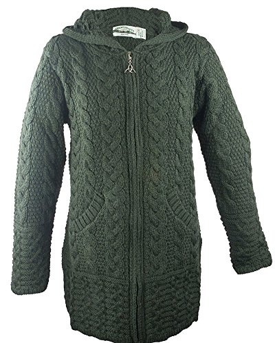 Irish Aran Knitwear 100% Irish Merino Wool Women's Long Hooded Zip Sweater with Pockets (Extra Small, Army Green)