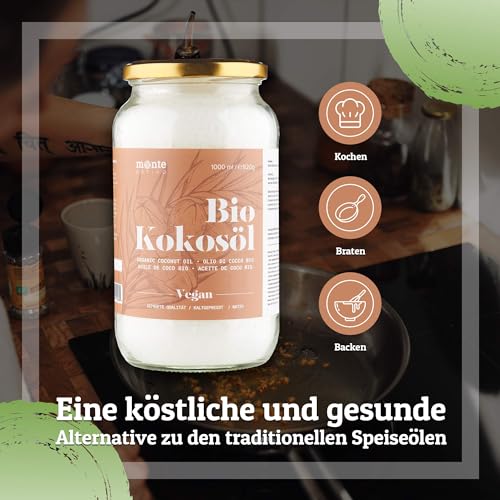 Kokosöl Bio Monte Nativo 1000ml (1L) - Coconut Oil - Kokosnussöl in Rohkostqualität - Reines Kokosfett - Bio Kokosöl nativ kaltgepresst zum Kochen, Braten und Backen, für die Haare, Zähne und Haut
