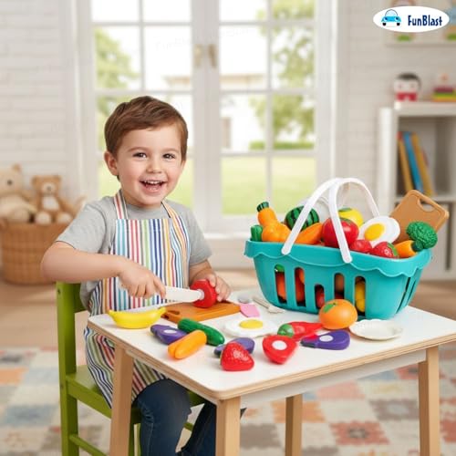 Image of FunBlast Fruits & Vegetables Play Set Toys, 26 Pcs; Realistic Sliceable Cutting Pretend Play Kitchen Toys for Kids, Play Food Toys, Fruit Vegetable Toys, Chopping Board with Knife & Basket