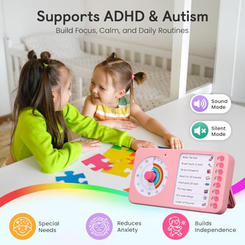 Image of 2-in-1 Visual Timer with Task Board for ADHD & Autism, Dry Erase Chore Chart and Visual Schedule for Kids & Adults, Rainbow Countdown Timer for Classroom, Home, Homeschool (Pink)