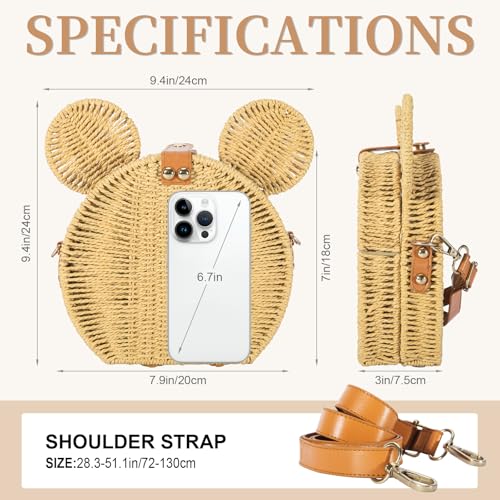 Round Rattan Straw Bag Purse for Women Handmade Cute Mouse Ear Wicker Woven Purse Crossbody Shoulder Bag Handbag2