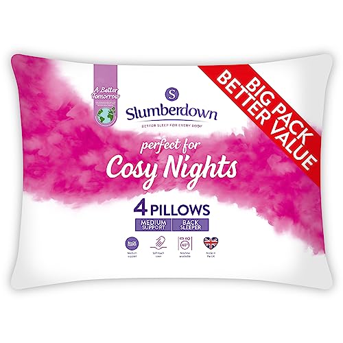 Slumberdown Cosy Nights Pillows 4 Pack - Medium Support Back Sleeper Pillows for Back Pain Relief - Comfortable, Hypoallergenic, UK Standard Size (48cm x 74cm)