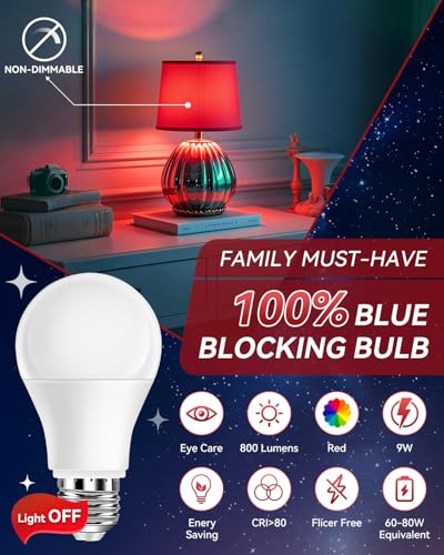 Image of Neporal 625nm Red Light Bulbs for Sleep, 100% Blue Light Blocking Light Bulb, 9W Red Light Bulb for Melatonin Promoting, A19 60W Equivalent Dim Light Bulbs for Bedroom, Baby Nursery,2 Pack