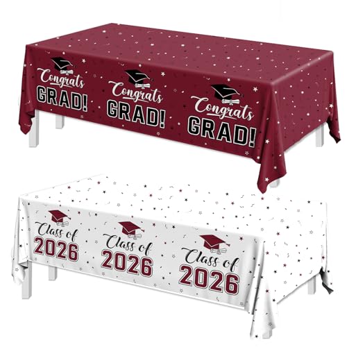 Image of 2026 Graduation Decorations,Congrats Grad Tablecloth 2pcs White Maroon Class of 2026 Table Covers Rectangle for Graduation Party Supplies,108x54inch (Maroon)