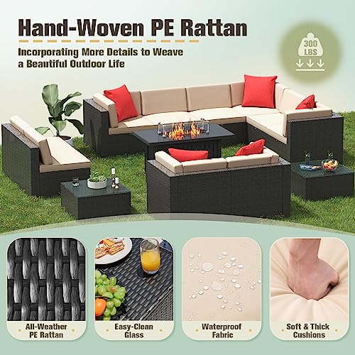 Image of Greesum Patio Furniture Sets 13-Pieces Outdoor PE Rattan Sectional Sofa w /43in Gas Fire Pit Table 55000 BTU Add Warmth to Gatherings Parties On Deck Garden Backyard,Light Beige