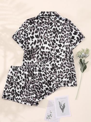 Image of SHENHE Women's 2 Piece Satin Pajama Set Leopard Short Sleeve Button Down Pj Shorts Set