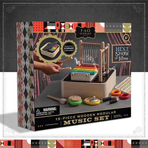 FAO Schwarz 8-in-1 Wooden Modular Music Center, Instrument Kids Toy, Made from Solid Wood, Includes Marimba, Chimes, Triangle, Maraca, Bells, Cymbal, Castanet & More, Children Ages 3+