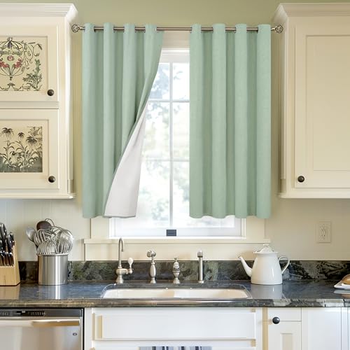 Image of YoungsTex 54 Inch Length Linen 100% Blackout Curtains for Bedroom - Light Green Thermal Insulated Drapes with Grommet Full Room Darkening for Living Room Window, 2 Panels, 52 X 54 Inch