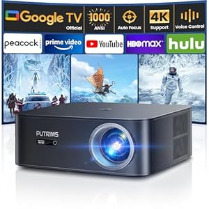 [1000 ANSI/Google TV]Smart Projector with WiFi 6 and Bluetooth, Netflix-Licensed 4K Support, Outdoor Movie Proyector, 1080P Home Ceiling Auto Focus Projector, Tech Gift for Holidays, PUTRIMS K12 Gray