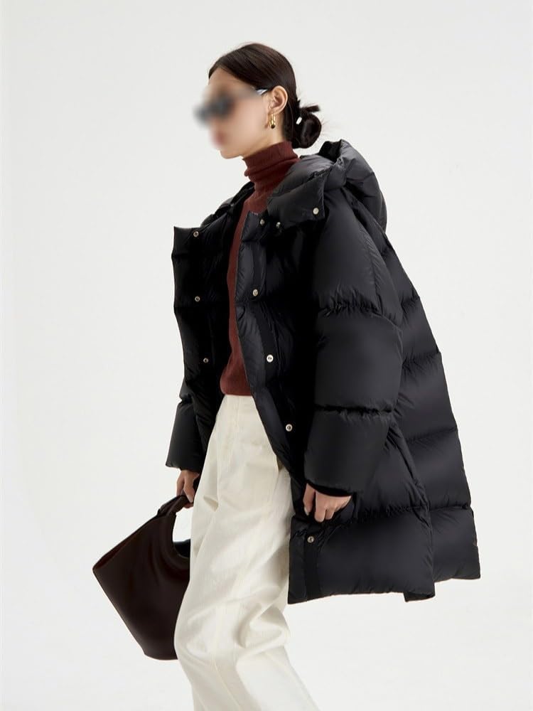 Women's Black Down Jacket Medium Length Loose A-line Detachable Hooded Warm Down Jacket