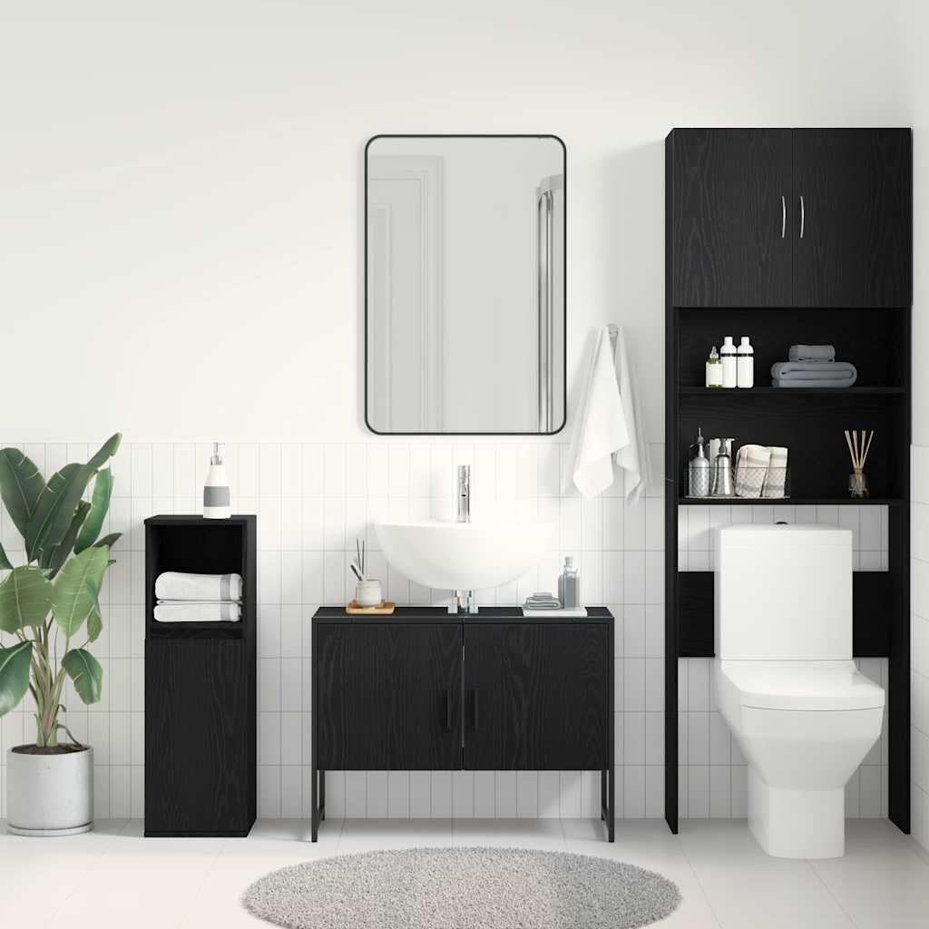 Szafka pod umywalkę z drzwiami, czarna, imitacja dębu, 80 x 30 x 60 cm, materiał drewnopochodny i stal, montowana na ścianie i stojąca, szafka łazienkowa z miejscem do przechowywania do