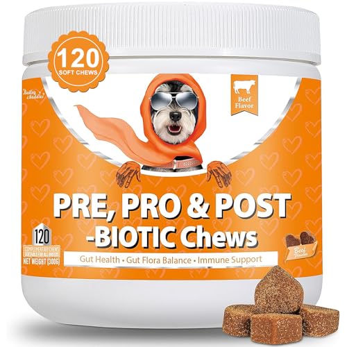 Daily Probiotics for Dogs - 120 Beef Flavored Soft Chews with Natural Pumpkin Powder for Healthy Gut & Sensitive Tummy. Reduces Scooting, Loose Stools, Smelly, Itchy Ears for Small, Medium, Large Dogs