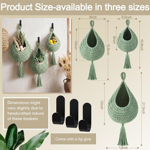 Image of Honeydak 3 Hanging Baskets, Sage Green, Tassel, Cotton Rope