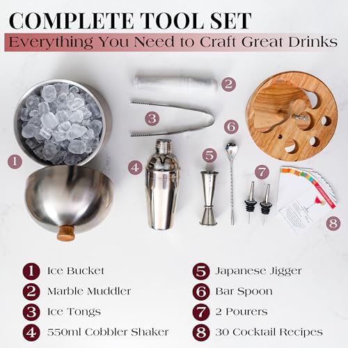 Gusto Nostro Cocktail Set Bartender Kit with Stainless Steel Ice Bucket - Complete Mixology Bar Tool Set with Wooden Organizer, Cocktail Shaker, Jigger, Muddler, Spoon, Tongs, Pourers, Recipe Cards - Thumbnail 2