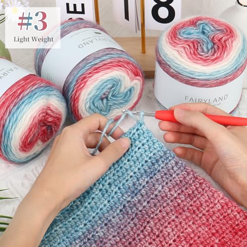 Image of Aeelike Gradient Yarn for Crocheting, 3 Skeins Cake Yarns 100g (3.52 oz) 245m (267 Yards) # 3 Light Weight - Super Soft Ombre Fairyland Yarns for Making Colorful Crafts, Red Blue Gradient