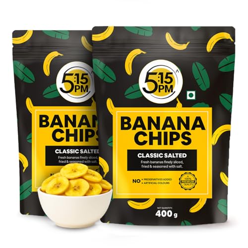 Image of 5:15PM Yellow Banana Chips Snacks - Fresh Crispy Banana Wafers Chips | Classic Salted Flavour 400G Packet (Pack Of 2)