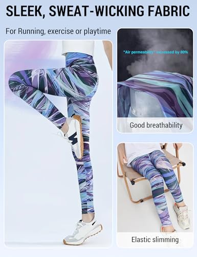Image of Venzina Girls Printed Yoga Pants High Waist Athletic Leggings for Kids, Colorful Patterned Cropped Workout Pants for Running, Dance, Exercise & Casual Wear