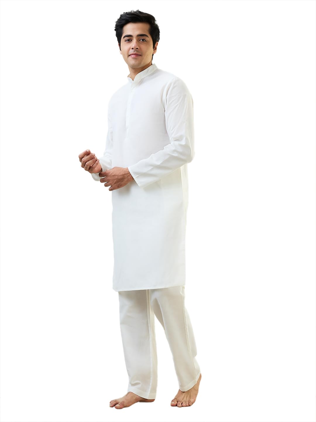 SleepZ Men Comfort Fit Solid Pattern Cotton Polyester Blend Mandrin Collar Kurta Set