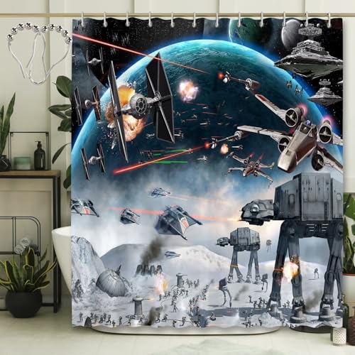 Outer Space Galaxy Wars Star Themed Shower Curtain Universe Stars Science Space Station Polyester Fabric Bathroom Home Decor with 12 Hooks(Color1 72 W x 72 L)