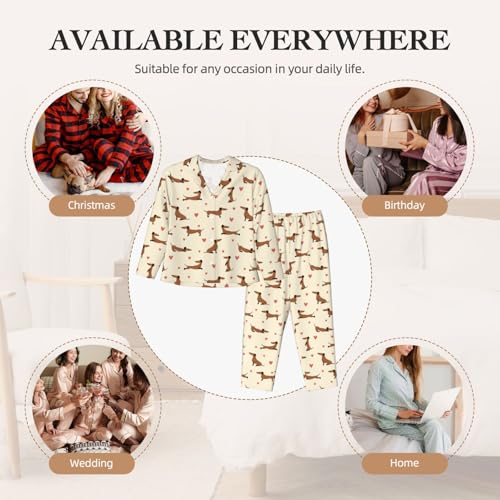 Kuilepa Damen-Pyjama-Set mit Herz-Dackel-Motiv, Knopfleiste, 2-teilig, langärmelig, Schwarz, L