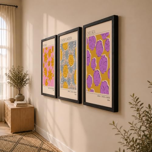 Image of NoWorries Trendy Abstract Floral Art Wall Frames | Modern Botanical Prints Inspired by London Paintings 300 GSM Premium Prints | Synthetic Wooden Stylish Frame Wall Decor for Bedroom, Living Room, Cafe & Office (Set of-3) (BLACK, ART-8, 17X25INCHES)
