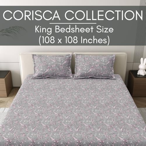 Image of Mafatlal 186 Tc Corsica Cotton Bedsheet King Size | 108 X 108 Inches | Breathable Summer Sheets for Sleeping Comfort | Pure Cotton Bedding with 2 Pillow Covers | Grey Matter