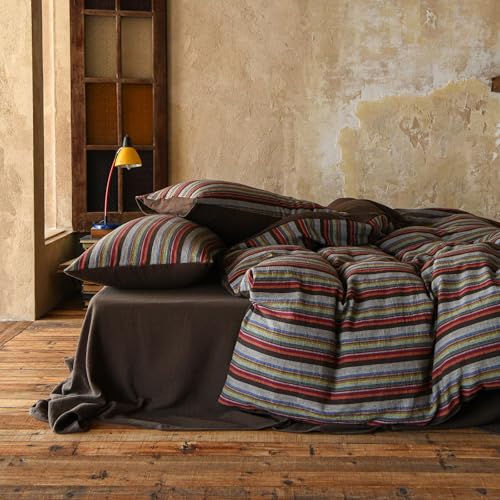 Image of EAVD Retro Striped Duvet Cover Set King Soft 100% Cotton Muslin Bohemian Colorful Vertical Striped Bedding Set with 2 Pillowcases Rustic Farmhouse Style Geometric Pattern Duvet Cover with Zipper