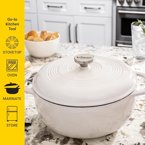 Lodge 6 Quart Enameled Cast Iron Dutch Oven with Lid – Dual Handles, Oven Safe up to 500°F, Stovetop Compatible – Marinate, Cook, Bake, Refrigerate & Serve – Oyster White #3
