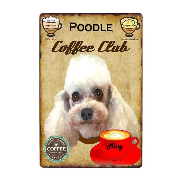 Juego de 4 placas de café para perros, de metal, vintage, de estaño, para café, bar, póster de pared, pub, pintura artística, 20 x 30 cm